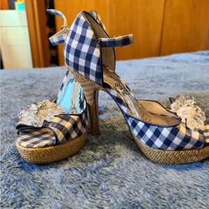 Naughty Monkey Navy Checkered Heels with Crystal Accents